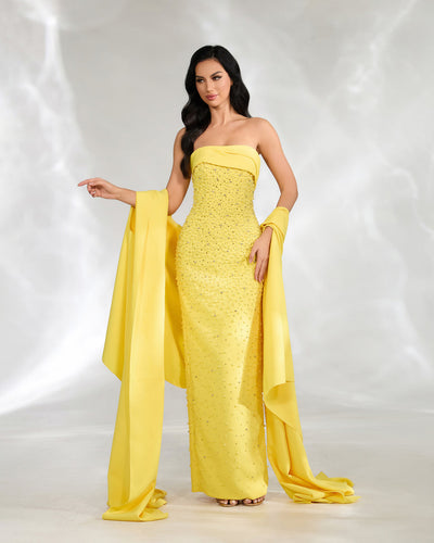 SC053 Strapless Satin Cape Beaded Evening Dress