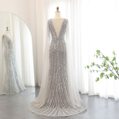 SC029 Silver Beaded Cape Dress