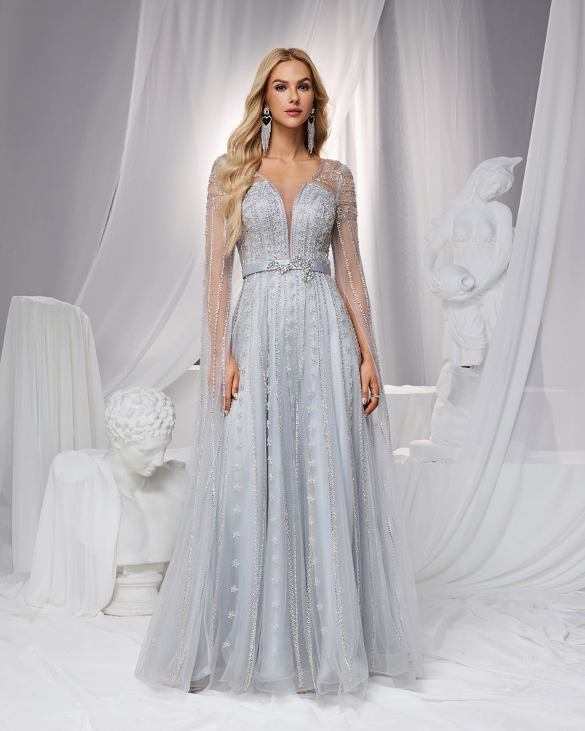 SC051 Silver Long Sleeve Cape Beaded Evening Dress