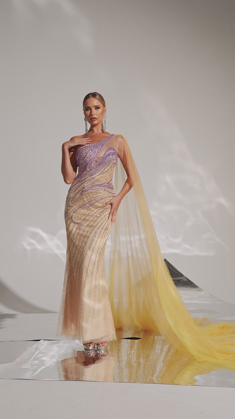 SC049 One Shoulder Long Cape Beaded Evening Dress