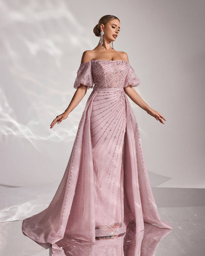 SC029 Off Shoulder  Pink Beaded Evening Dress